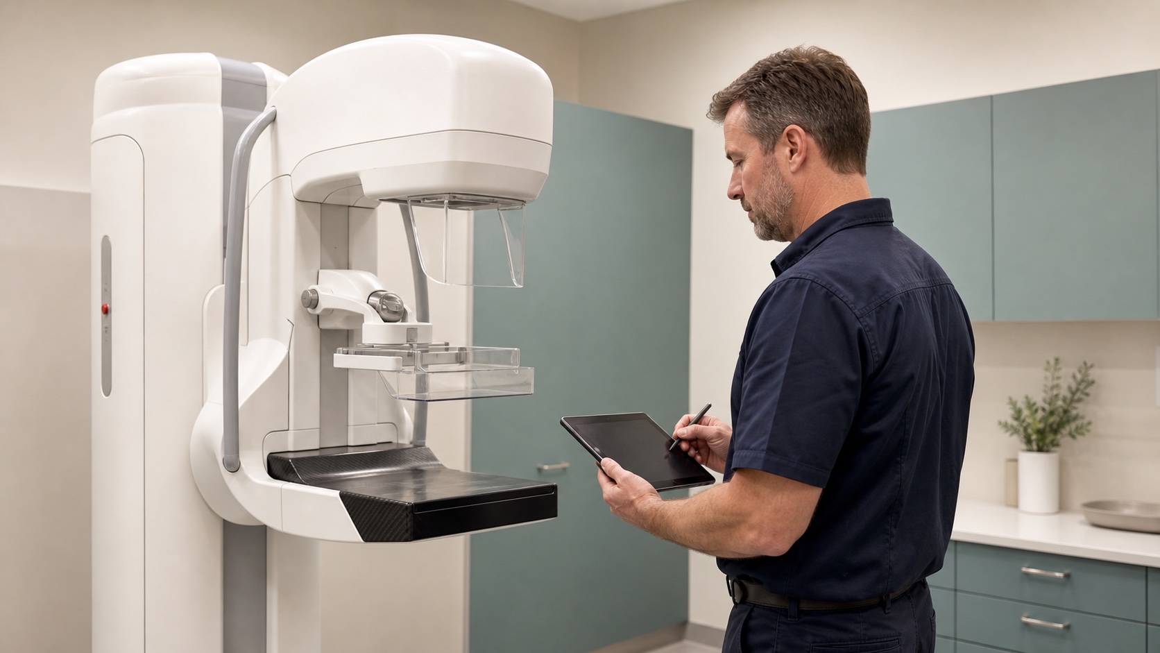 Medical equipment assessor documenting a mammography system valuation